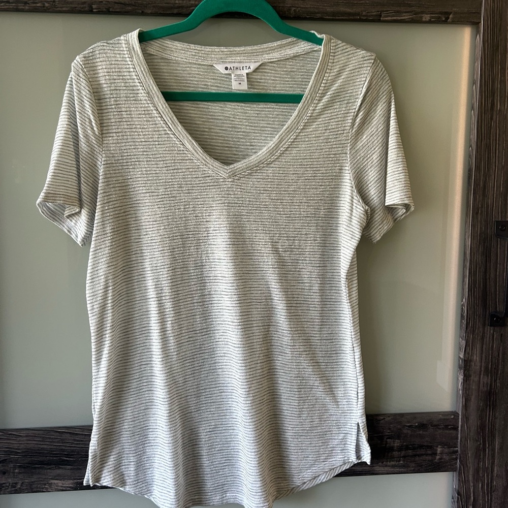 Athleta Breezy V-neck Gray Striped Women's T-shirt